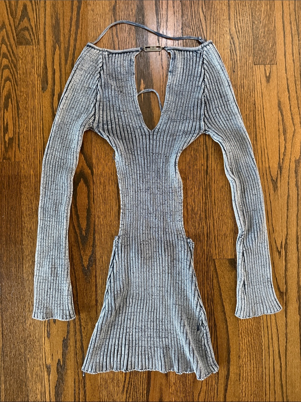 B Jaded London Women’s XS Blue Ribbed Long-Sleeve Mini Dress with Plunge Keyhole